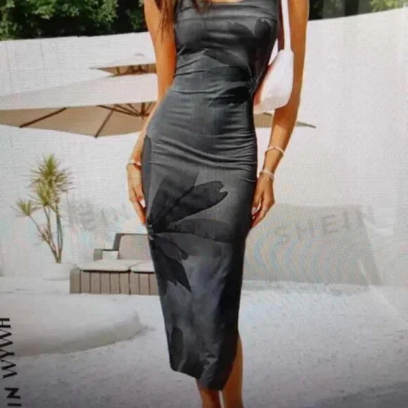 sleek matte black floral print body con dress with high slit - size XS - Picture 1 of 5